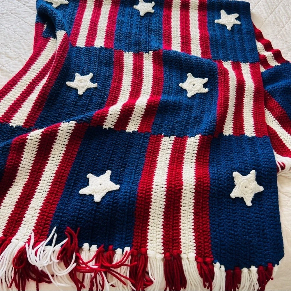 Handmade, Crocheted American Flag Blanket.  32”x72”